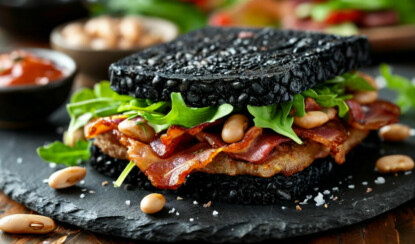 Чёрный сэндвич с бобами и беконом