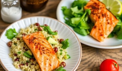 Салат из киноа и котлеты из лосося