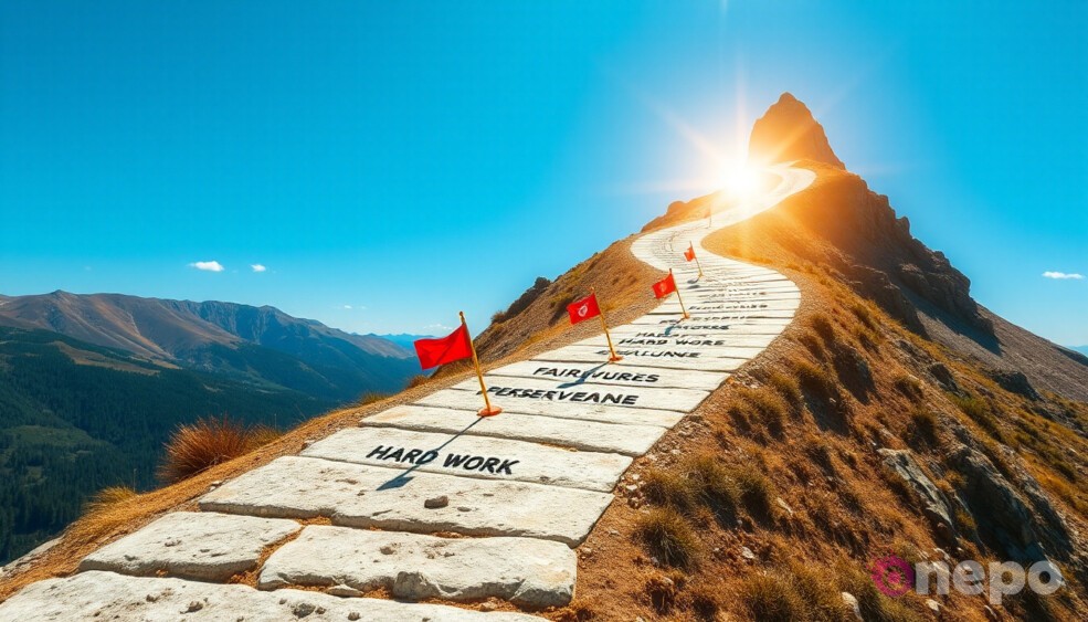 Символический извилистый путь, ведущий к успеху, с ключевыми вехами.