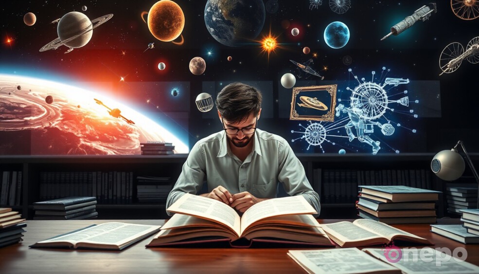 A person drawing inspiration from books about famous achievements