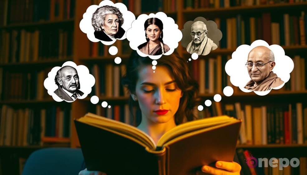 Человек читает книгу с видимыми мыльными пузырями известных личностей