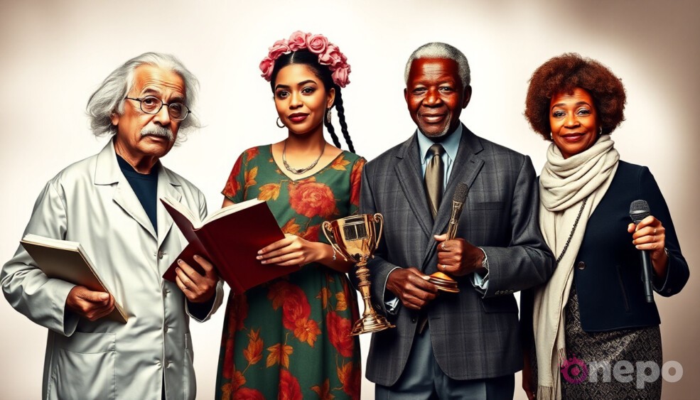 Реалистичный групповой портрет известных личностей из разных областей, объединенных своими достижениями