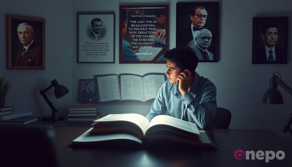 Человек, размышляющий о знаниях, полученных в результате изучения жизни успешных людей